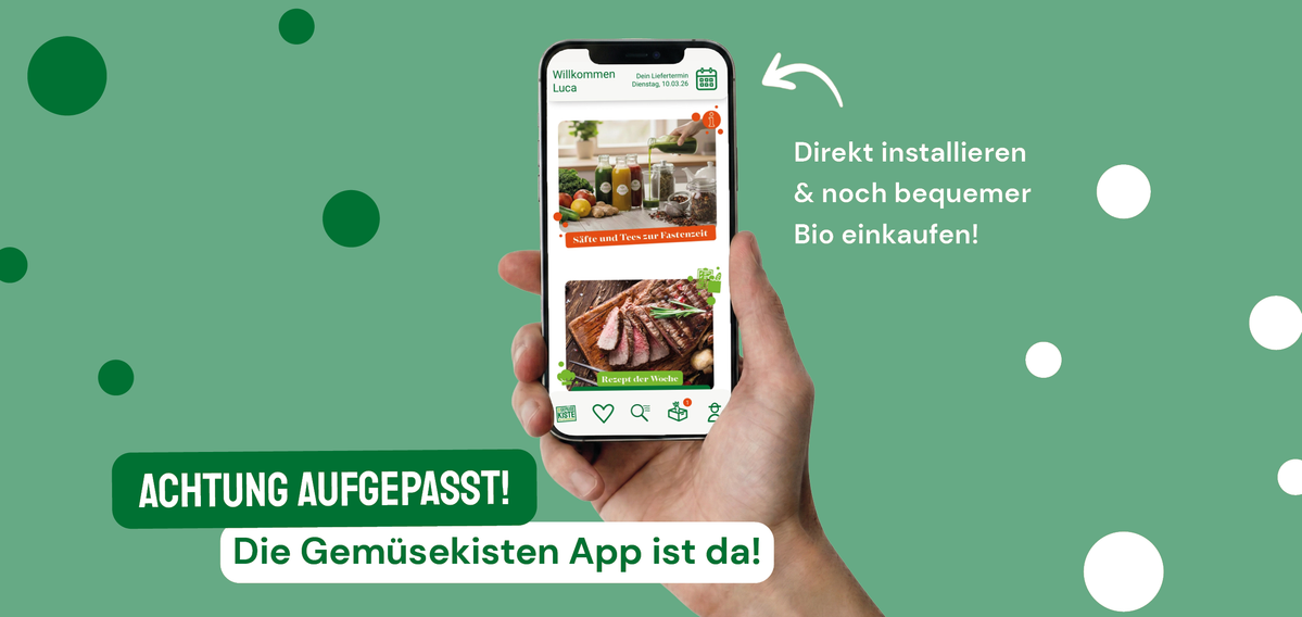 KI generiert: Ein Smartphone zeigt die Gemüsekisten-App. Text: "ACHTUNG AUFGEPASST! Die Gemüsekisten App ist da!"