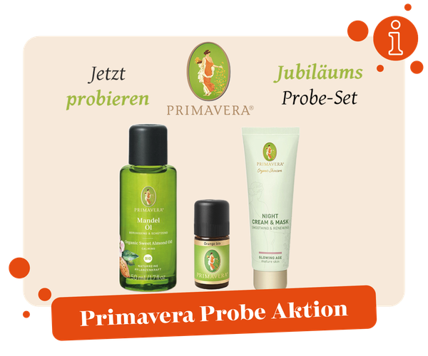 KI generiert: Primavera bietet ein Jubiläums Probe-Set mit Mandelöl und anderen Pflegeprodukten. Text: "Primavera Probe Aktion".