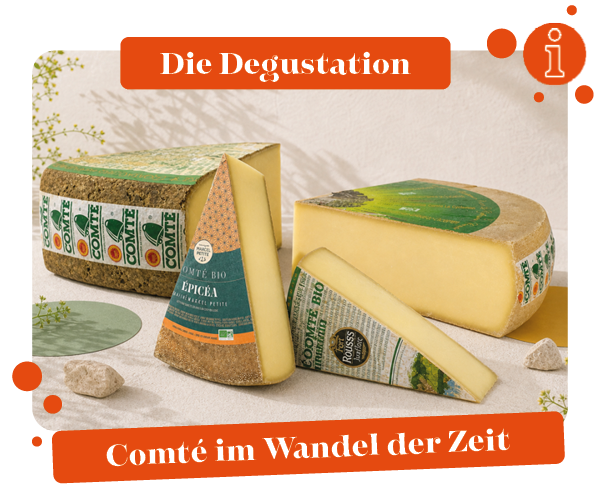 KI generiert: Käsestücke mit Etiketten, Text: "Die Degustation - Comté im Wandel der Zeit".