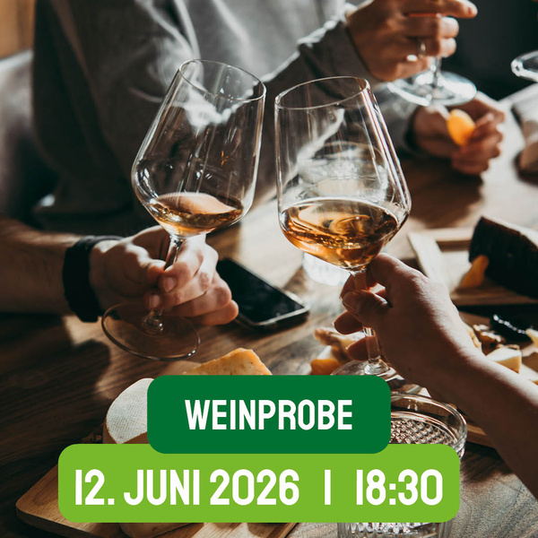 KI generiert: Personen stoßen mit Weingläsern an; Text: "Weinprobe, 12. Juni 2026, 18:30".