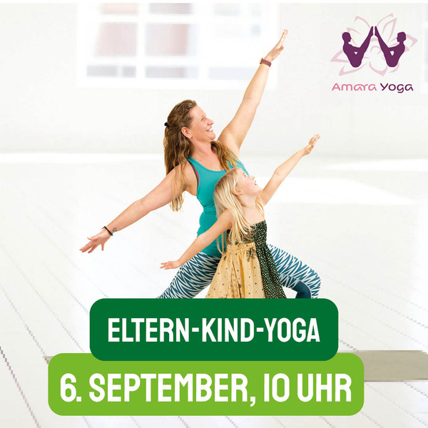 KI generiert: Eine Frau und ein Kind machen Yoga; Text: "ELTERN-KIND-YOGA 6. SEPTEMBER, 10 UHR".
