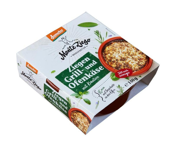 Produktfoto zu Ziegen Grill- und Ofenkäse Kräuter, in praktischer Tonschale