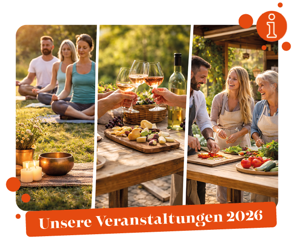 KI generiert: Yoga, Wein und Kochen im Freien. Text: "Unsere Veranstaltungen 2026".