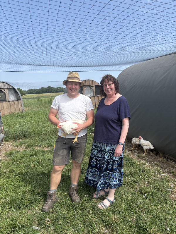 KI generiert: Zwei Menschen auf einem Bauernhof mit Huhn, umgeben von Feldern und Hühnchen.