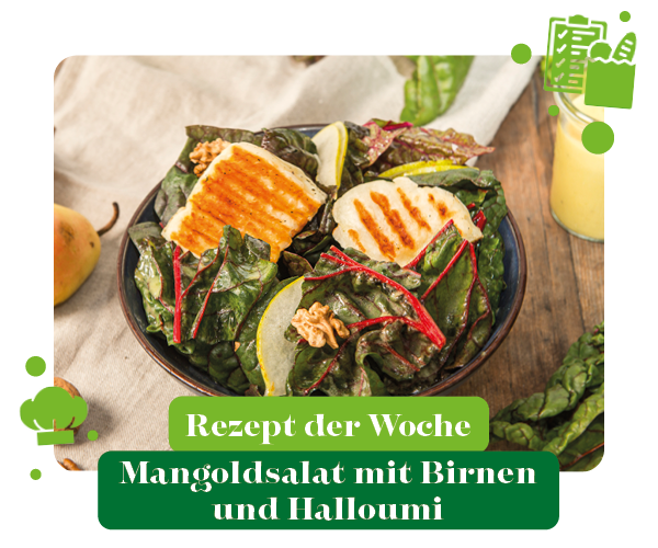 KI-generierte Beschreibung: Hauptinhalt: Mangoldsalat mit Birnen und Halloumi. Text: Rezept der Woche Mangoldsalat mit Birnen und Halloumi.