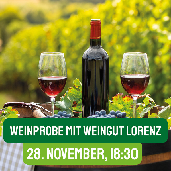 KI generiert: Weinflasche und Gläser in Weinbergen. Text: "WEINPROBE MIT WEINGUT LORENZ 28. NOVEMBER, 18:30".
