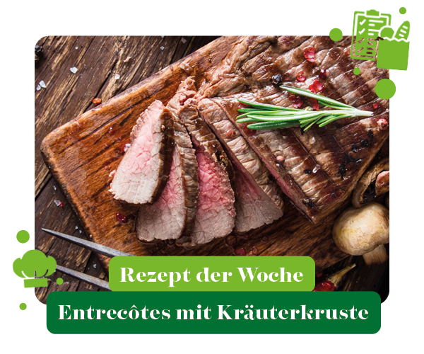 KI generiert: Entrecôtes auf Holzbrett, garniert mit Rosmarin. Text: "Rezept der Woche Entrecôtes mit Kräuterkruste".
