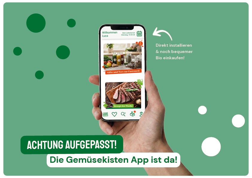 KI generiert: Ein Handy zeigt die Benutzeroberfläche einer App. Text: "ACHTUNG AUFGEPASST! Die Gemüsekisten App ist da!"