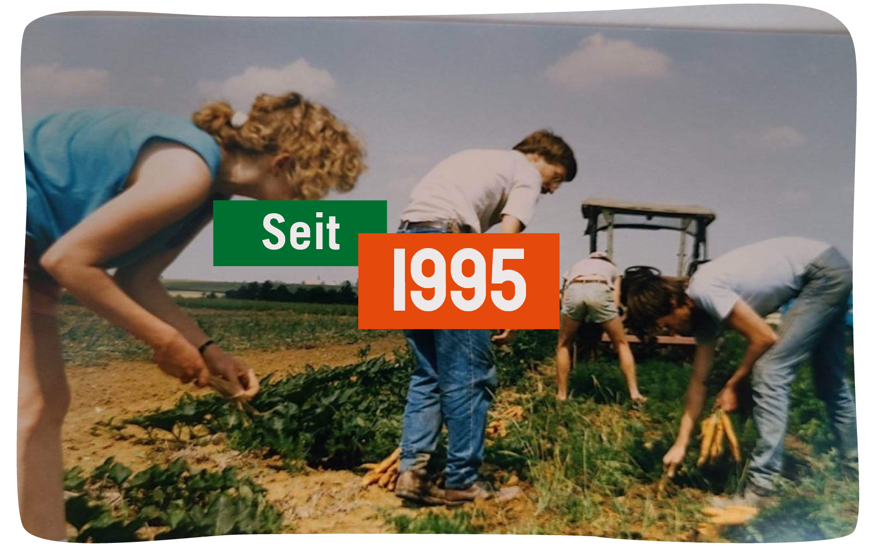 KI generiert: Menschen ernten auf einem Feld. Text: "Seit 1995".