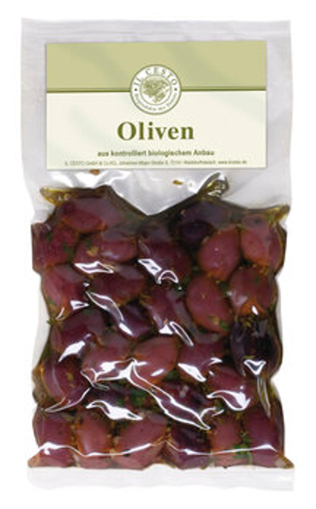Griechische Kalamata-Oliven mariniert, entsteint