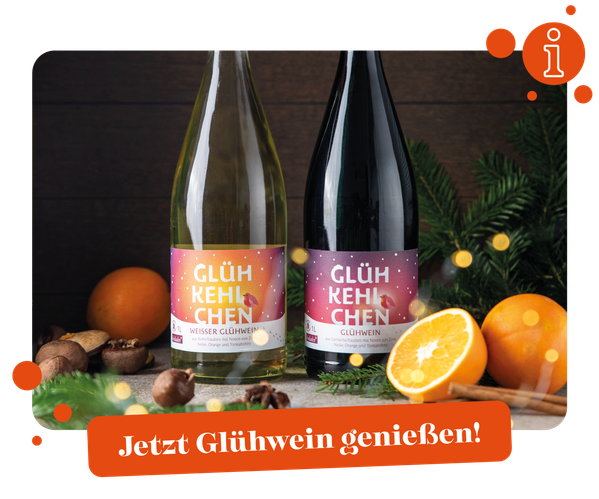 KI generiert: Zwei Glühweinflaschen mit Text: "Jetzt Glühwein genießen!" und "GLÜH KEHL CHEN".