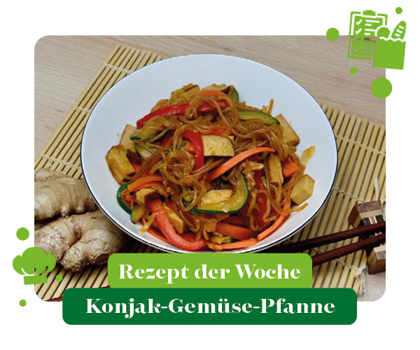 KI generiert: Ein Teller mit Konjak-Gemüse-Pfanne. Text: "Rezept der Woche Konjak-Gemüse-Pfanne".