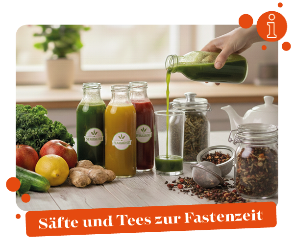 KI generiert: Säfte und Tees mit Gemüse und Früchten werden zubereitet. Text: "Säfte und Tees zur Fastenzeit".