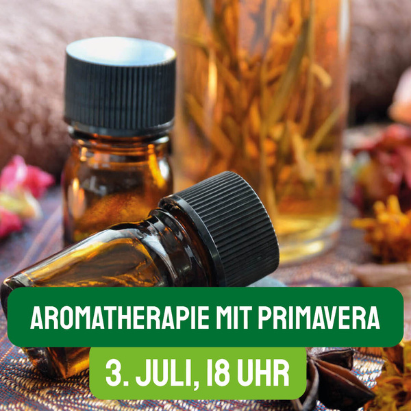 KI generiert: Braune Fläschchen mit Aromatherapie-Öl, Text: "Aromatherapie mit Primavera, 3. Juli, 18 Uhr".