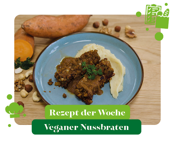 KI generiert: Ein Teller mit veganem Nussbraten und Püree. Text: "Rezept der Woche Veganer Nussbraten".