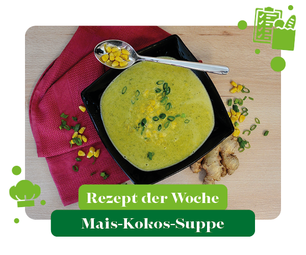 KI generiert: Schüssel mit Mais-Kokos-Suppe und einem Löffel Mais.  
Text: "Rezept der Woche Mais-Kokos-Suppe".