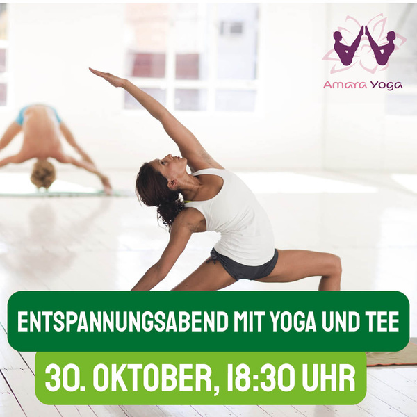 KI generiert: Zwei Menschen machen Yoga. Text: "ENTSPANNUNGSABEND MIT YOGA UND TEE 30. OKTOBER, 18:30 UHR".