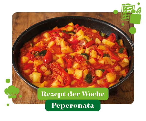 KI generiert: Ein Pfannengericht mit buntem Gemüse. Text: "Rezept der Woche Peperonata".