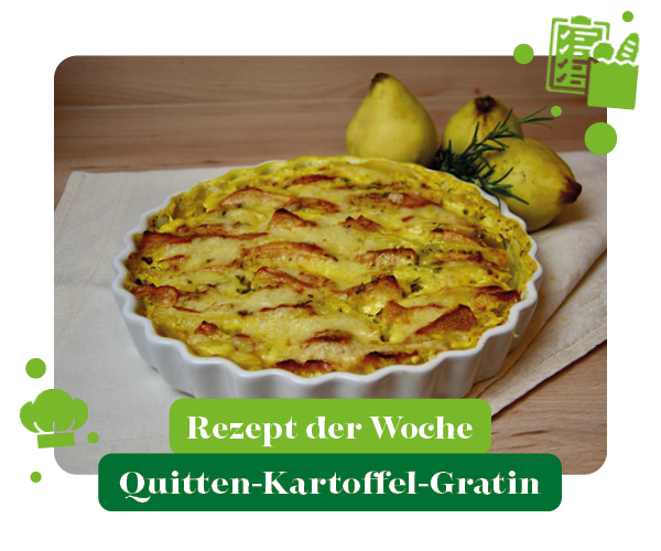 KI-generierte Beschreibung: Hauptinhalt: Quitten-Kartoffel-Gratin auf Holzbrett. Text: Rezept der Woche Quitten-Kartoffel-Gratin.