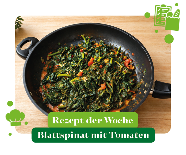 KI generiert: Eine Pfanne mit Blattspinat und Tomaten. Text: "Rezept der Woche Blattspinat mit Tomaten".