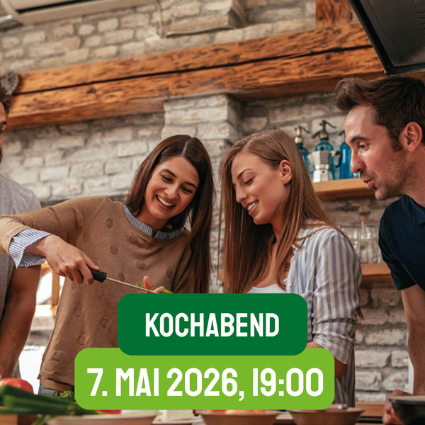 KI generiert: Mehrere Personen kochen zusammen. Text: "Kochabend 7. Mai 2026, 19:00".