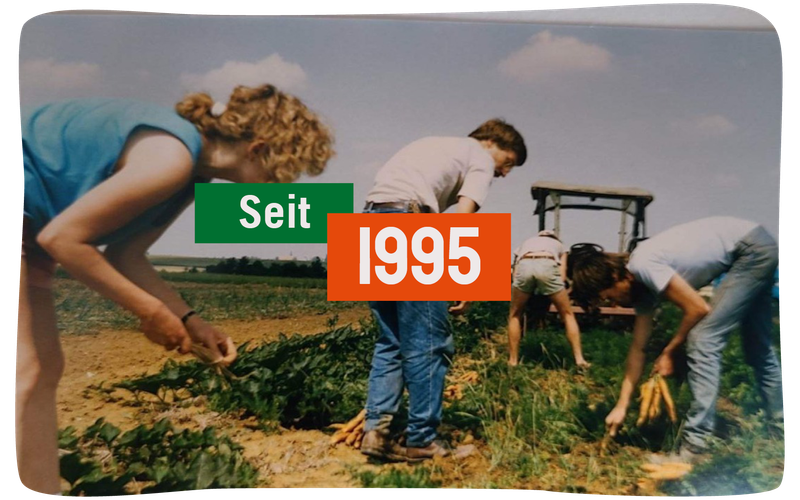 KI generiert: Menschen ernten auf einem Feld. Text: "Seit 1995".