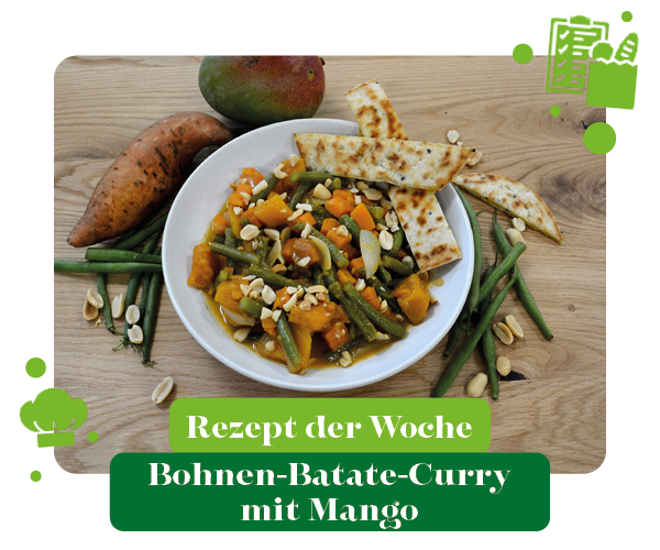 KI generiert: Ein Teller mit Bohnen-Batate-Curry, Naan und Mango.  
Text: Rezept der Woche - Bohnen-Batate-Curry mit Mango.