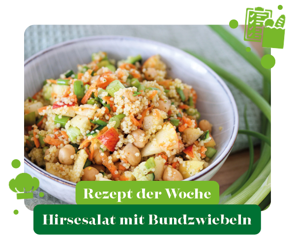 KI generiert: Hirsesalat in einer Schüssel. Text: "Rezept der Woche Hirsesalat mit Bundzwiebeln".