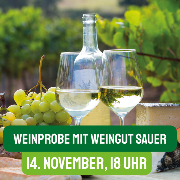 KI generiert: Weingläser, Trauben und Käse. Text: "Weinprobe mit Weingut Sauer, 14. November, 18 Uhr".