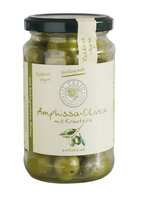Grüne Amphissa-Oliven mit Kräutern entsteint